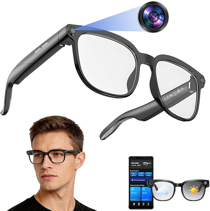 Smart Glasses with Camera, 1080P HD Video Recording Camera Glasses, Bluetooth Open-Ear Audio Smart Glasses, AI Voice Assistant, Dual Cameras, Touch Control for Driving, Cycling, Travel