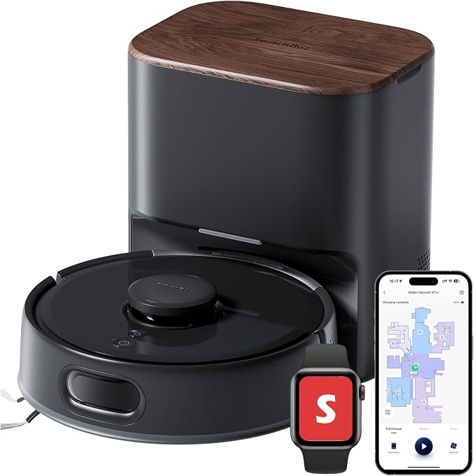 SwitchBot K11+ Robot Vacuum & Mop with Matter, 6000Pa Suction, 90-Day Hands-Free Self-Emptying, LDS Navigation, 3.6″ Ultra-Slim, Anti-Tangle for Pet Hair, Works with Alexa, Google Home, Apple Home