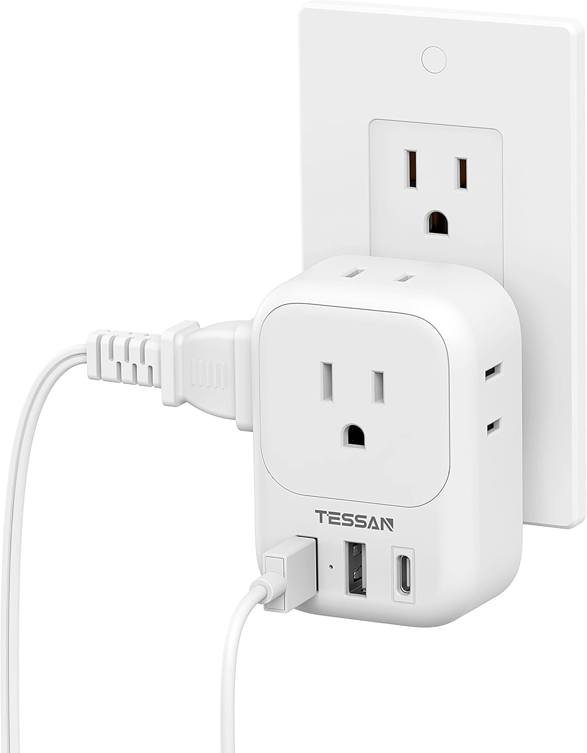 USB Wall Charger, TESSAN Wall Plug Adapter Outlet Extender, 3 Charger Block (1 USB C Port), Multi Charging Station for Cruise, Bathroom, Office, Dorm Essentials, White