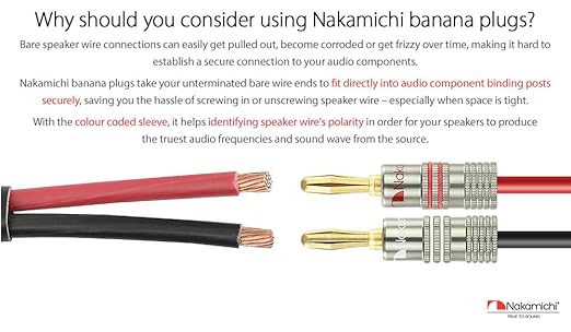 Nakamichi Ultimate Series 24K Gold Plated Beryllium Red Copper Banana Plug 12-18 AWG Gauge Size 4mm Connector for Speakers Wire Amplifiers Hi-Fi Sound Systems (8 Pcs (4-Pairs), Banana Plugs)