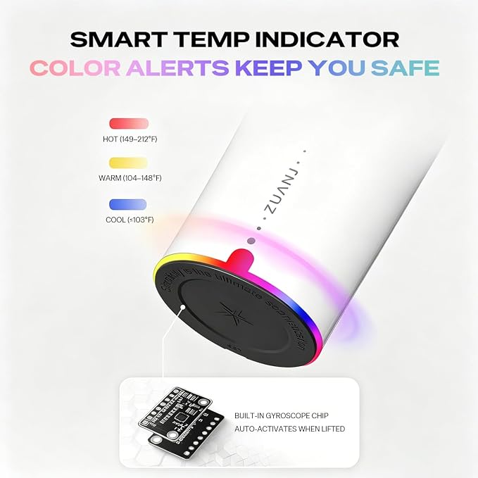 ZUANJ® Self-Stirring on the go Coffee Mug Travel Tumbler 13.5oz Automatic Magnetic Mixing LED Temperature Indicator IP67 Waterproof Keeps Hot 3Hrs & Cold 9Hrs USB-C Rechargeable Tea Protein Shakes