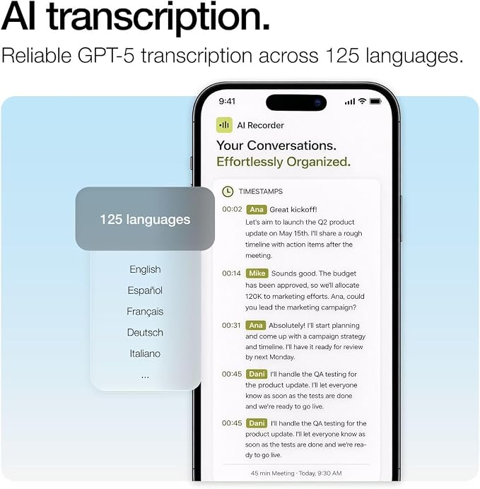 LIMU AI Voice Recorder, German Design AI Note Taking Device with GPT-5, Slim 64GB, 400 Min/Month Audio Recorder, Transcribe, Summarize, MindMap, 125 Language, AI Assist for Meetings, Calls, Lectures