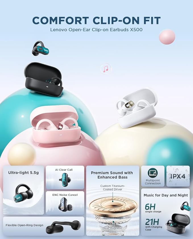 Lenovo Open Ear Clip On Earbuds X500 Bluetooth 6.0 Wireless Earbuds with 11 mm Drivers, Open Ear Ergonomic Design, Dual Device Connectivity, Built in Mic, Fast Charge, White