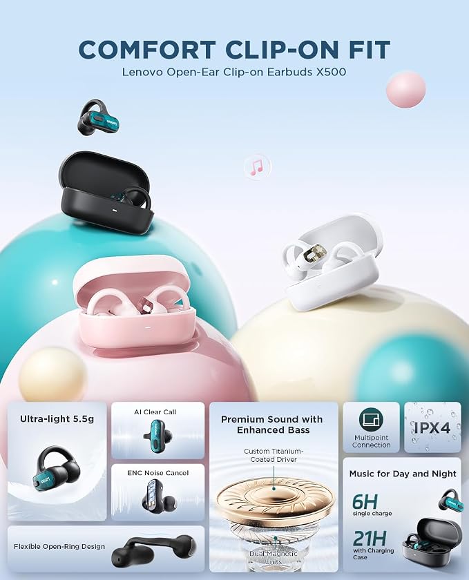 Lenovo Open Ear Clip On Earbuds X500 Bluetooth 6.0 Wireless Earbuds with 11 mm Drivers, Open Ear Ergonomic Design, Dual Device Connectivity, Built in Mic, Fast Charge, Black