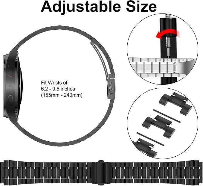 SUPLINK Stainless Steel Band Compatible with Samsung Galaxy Watch 7 6 5 4 Band 44mm 40mm/5 Pro 45mm/Galaxy Watch 6 4 Classic Bands 43mm 47mm 46mm 42mm/Active 2, 20mm Metal Strap Men, Black