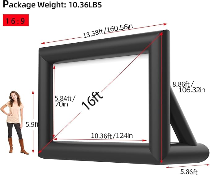 Inflatable Projector Screen, 16FT Blow Up Movie Screen Outdoor Projector, Easy Set Up One-piece Design Front & Rear Projection with Air Blower for Outside Backyard Family Movie Night Pool Party