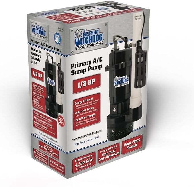 The Basement Watchdog ½ HP Submersible Sump Pump w/Copper-Wound PSC Motor - 4,100 GPH - Caged Microreed Dual Float Switch (BWT050)