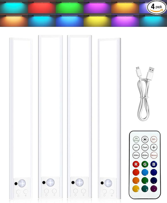 Diomart Under Cabinet Lighting, RGB LED Closet Light Rechargeable, Motion Sensor Light Indoor Stick on Under Counter Lights for Kitchen, Stairs, 4 Pack