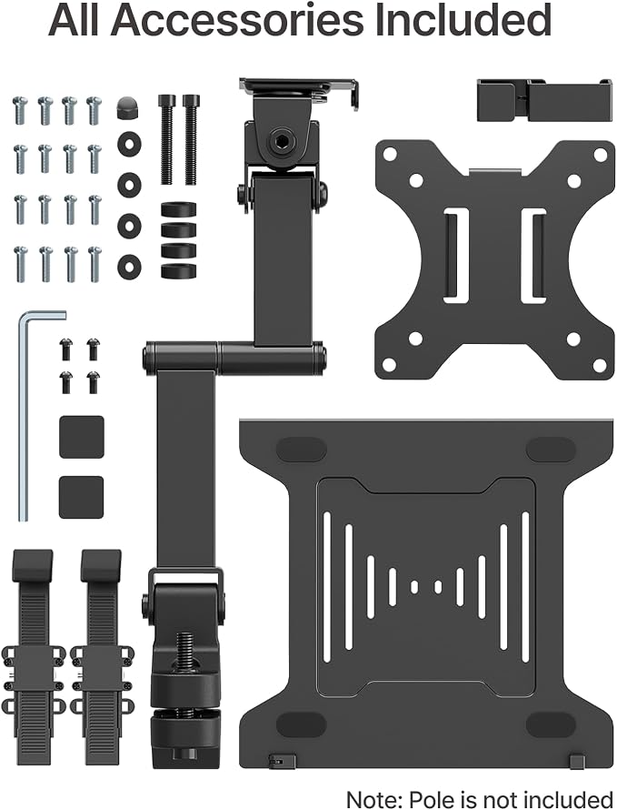 monTEK 2-in-1 Universal Laptop Pole Mount Tray for 10”- 15.6” Notebook or 17”-32” Monitor, Full Motion Laptop Mount with Removable 75/100mm VESA Plate, Fits 1.1”-2.4” Pole Diameter, Black