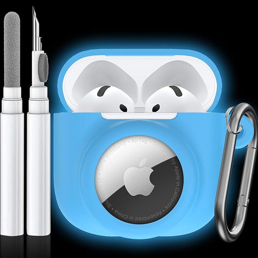 2 in 1 Silicone Case Compatible with AirPod 4 and AirTag 2/1, Shockproof Protective Skin Cover for AirPods 4th Generation with Cleaner Kit & Carabiner (Glow Blue)