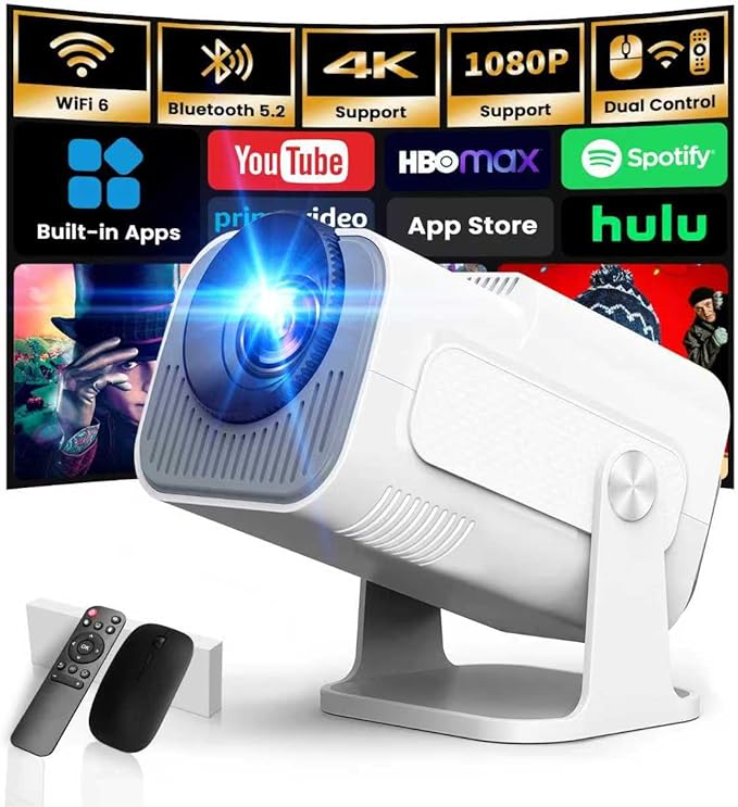 [Smart Projector & Built-in Apps] Mini Projector Support 4K 1080P FHD Portable Projector with WiFi and Bluetooth 180° Rotatable Auto Keystone, Compatibile with HDMI/TV Stick/Memory Stick/Laptop, White