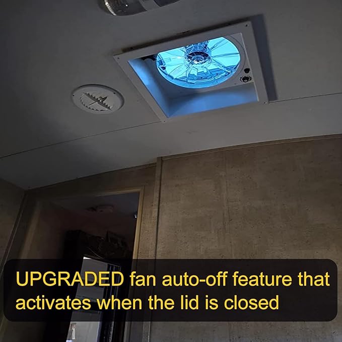 Upgraded Remote Control RV Roof Vent Fan with LED Light, 12V DC 14" Super Quiet RV Roof Fan with Rain Sensor, 10-Speed, Reversible