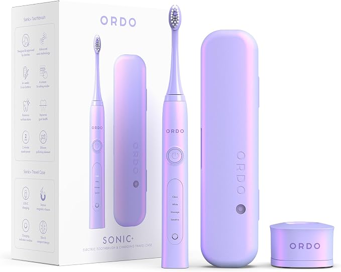 ORDO Sonic+ Electric Toothbrush with Case, Sonic Toothbrushes for Adults, Charging Travel Case, 4 Brushing Modes, Fast Rechargeable Battery, Silicone Polishing, USB Charger, Pearl Violet