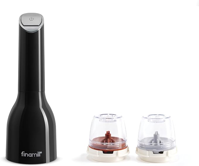 FinaMill Classic Battery Spice Mill – Battery Operated Salt and Pepper Grinder Set, Includes 2 Interchangeable Spice Pods, Adjustable Coarseness, LED Light, Home and Kitchen Gift Set for Father's Day