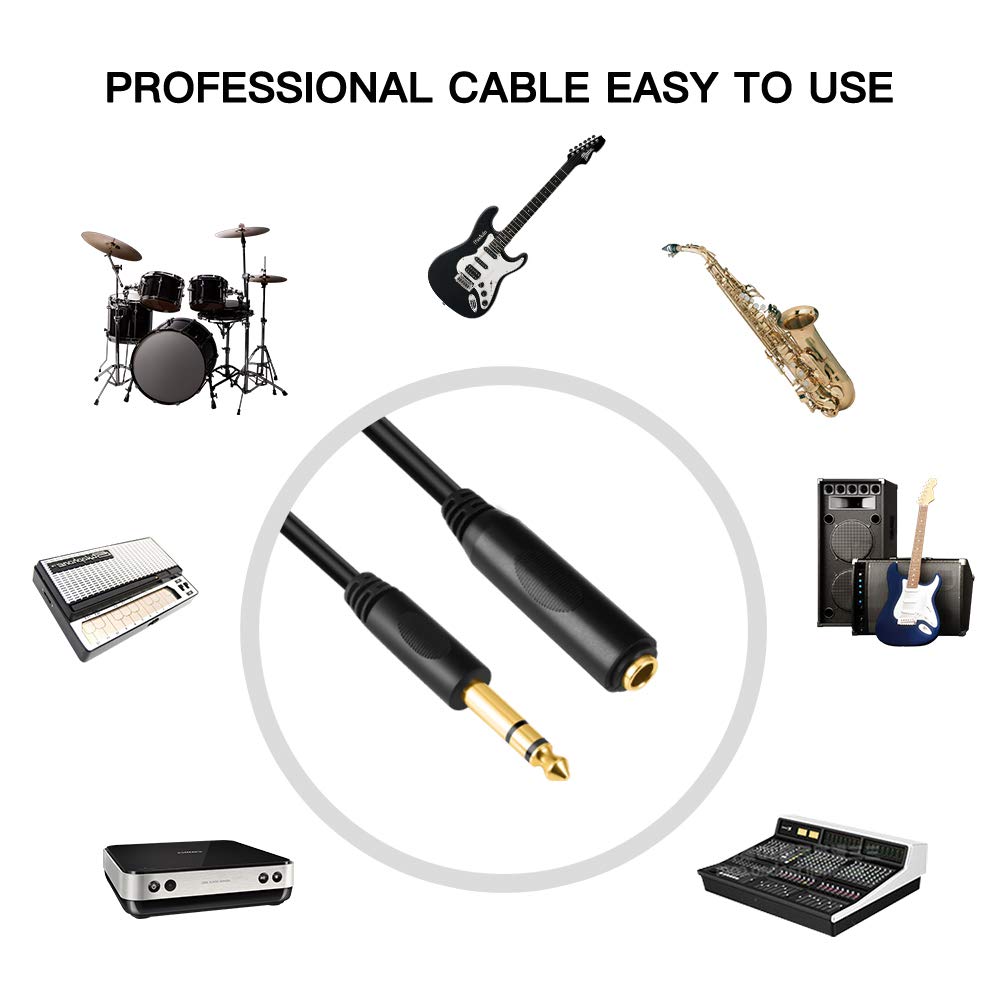 Devinal 6.35mm 1/4" inch TRS Plug Male to 1/4 Female Headphone Guitar Extension Cable Cord, Gold Plated Audio Cable Stereo Extender, 6 feet (1.8 M)