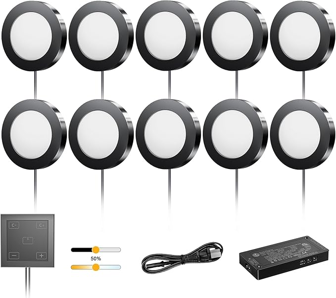 VST Under Cabinet Lights CCT 3000K-6000K, Puck Lights Color Temperature and Brightness Adjustable with Touch Switch and ETL Listed Led Driver, Plug in Led Light for Kitchen Under Cabinet 10pack