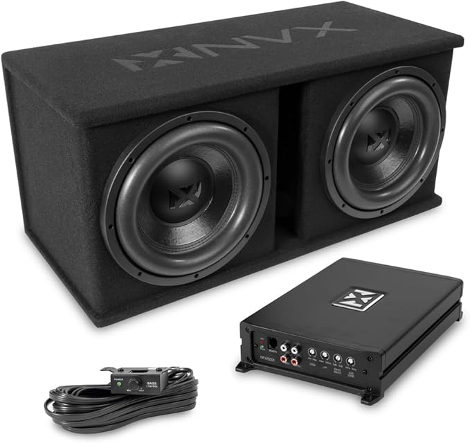 NVX NPKG212 1000W MAX (500W RMS) Loaded Dual 12" Subwoofer with Slot Ported Enclosure and Monoblock Amplifier with Remote Bass Knob