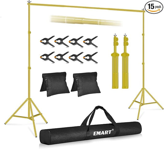 EMART Backdrop Stand 10x7ft(WxH) Photo Studio Adjustable Background Stand Support kit with 2 Crossbars, 8 Clamps, 2 Sandbags and Carry Bag for Parties, Events Decoration, Wedding -Titanium Gold