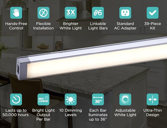 PureOptics LED Under Cabinet Light Kit, Motion Sensor, Dimmable, Linkable, 3 Color Settings, Tool-Free, for Kitchen, Cabinets and Closets, (4) 9" Bars