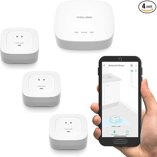 YoLink Smart Home Starter Kit: Hub & Water Leak Sensor 4 with 105dB Audio Alarm 3-Pack, SMS/Text, Email & Push Notifications, Freeze Warning, LoRa Up to 1/4 Mile Open-Air Range, w/Alexa, IFTTT