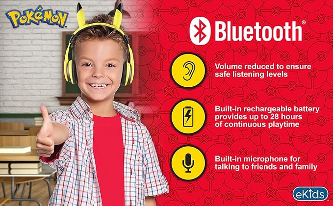 eKids Pokemon Kids Bluetooth Headphones, Wireless Headphones with Microphone Includes Aux Cord, Volume Reduced Kids Foldable Headphones for School, Home, or Travel,Yellow