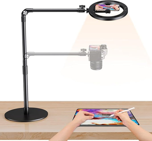 elitehood Overhead Phone Mount with Light for Video Recording, Adjustable Desk Ring Light with Stand and Phone Holder, Heavy Duty Overhead Camera Mount Tripod for iPhone Cooking Video, Filming Meeting