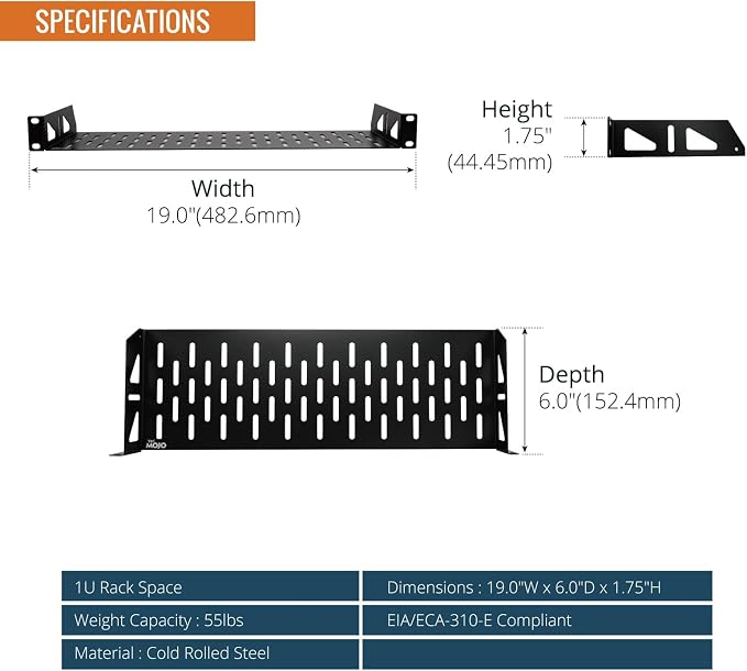 Tecmojo 1U Rack Shelf,19 inch Rack Shelf 6 inch Depth,Rack Mount Shelf with Anti-Slip Stops,Server Rack Shelf and Network Shelf for 19 in Equipments, 55lbs Capacity of Vented 1U Shelf,No Lip(2 Pack)