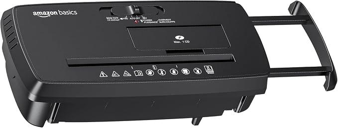 Amazon Basics 8-Sheet Strip Cut Portable Paper, CD, and Credit Card Shredder with Auto-Off, Overheat Protection, Compact Design, No Basket, Extendable Arm, Black
