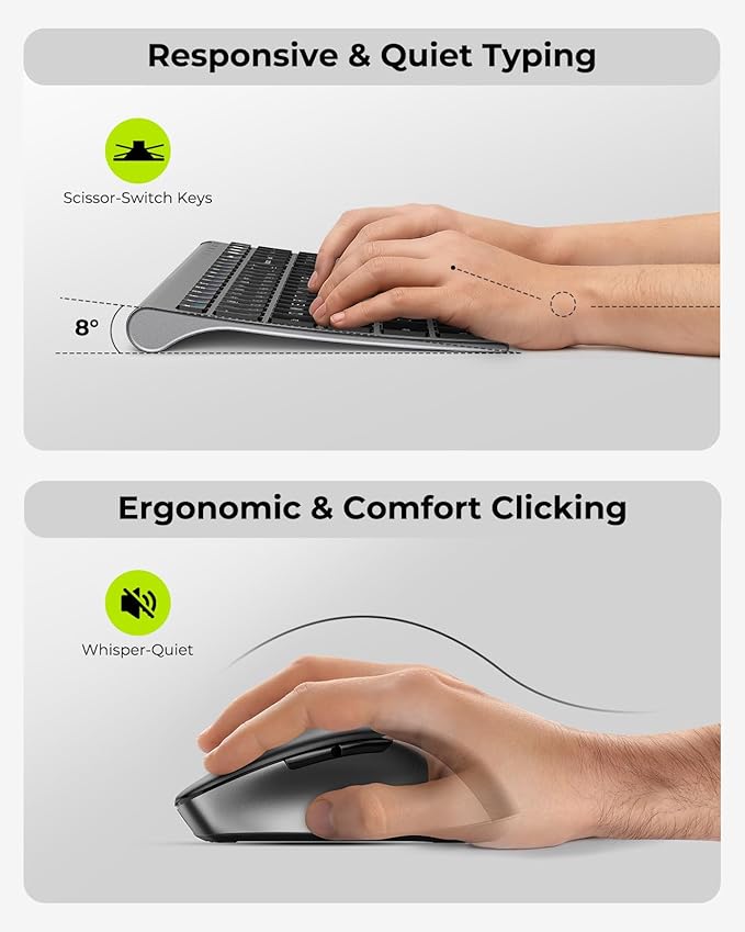 seenda Wireless Bluetooth Keyboard Mouse Combo, COE401 Rechargeable Silent Keyboard Mouse Compact Slim, 3 Multi-Device Connection, Compatible for Windows/Mac PC Laptop MacBook iPad, Black Gray