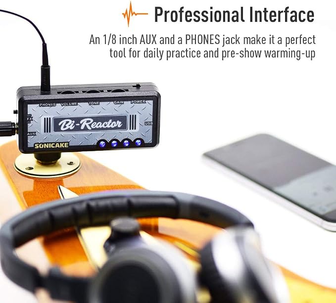 SONICAKE Guitar Headphone Amp, Mini Guitar Amplifier Plug-in USB Chargable Portable US Style High Gain Tone with Delay Carry-On Pocket Bedroom Effects for Electric Guitar