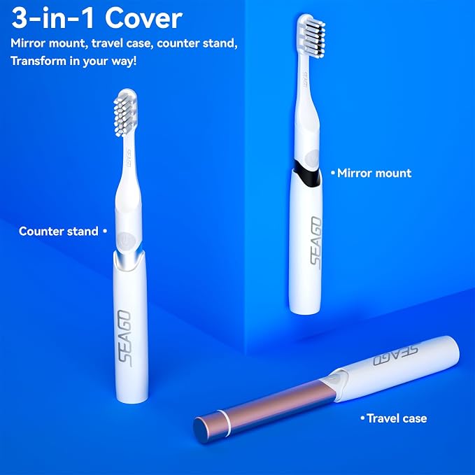 SEAGO Electric Toothbrush for Adults - 3 in 1 Holder with 8 pcs Replaceable Brush Battery Operated Travel Toothbrush kit Portable and 2 Minute Timer(Black, Middle)