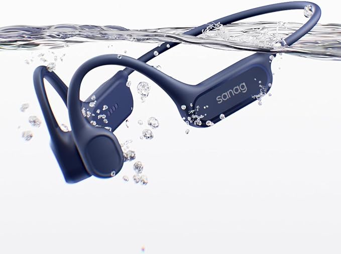 Sanag B33S Bone Conduction Headphone Swimming, IPX8 Waterproof Underwater Earphone, Bluetooth Open Ear Earbuds with Mic, 32GB MP3 Memory, Noise Reduction Call, 8H Playtime for Running Sport Swim, Blue