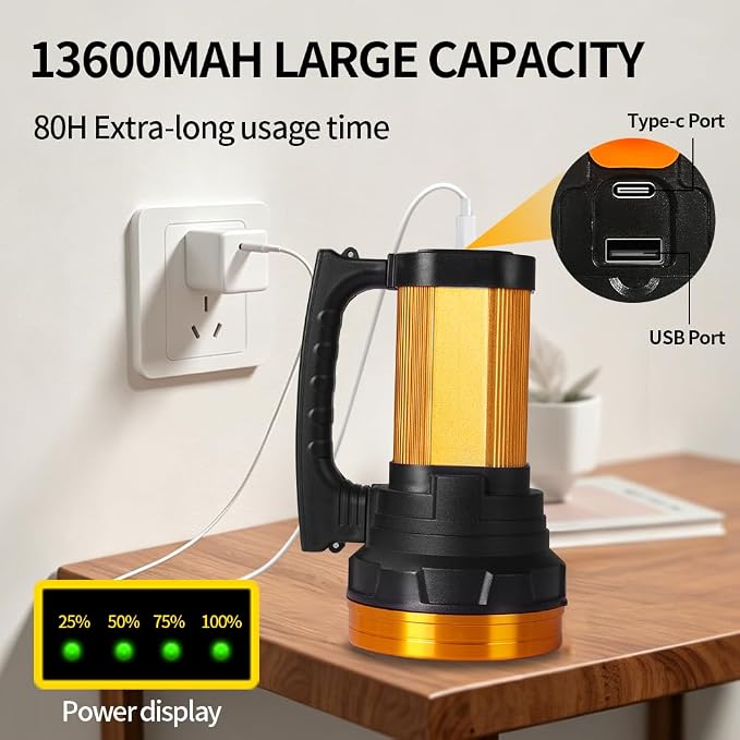 1800LM Rechargeable Spotlight 13600mAh Spotlight Flashlight 80H Long Lasting IP67 Waterproof 3 Modes Spot Light for Outdoor Camping Home Emergency
