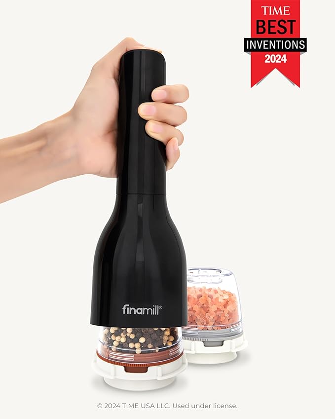 FinaMill Classic Battery Spice Mill – Battery Operated Salt and Pepper Grinder Set, Includes 2 Interchangeable Spice Pods, Adjustable Coarseness, LED Light, Home and Kitchen Gift Set for Father's Day