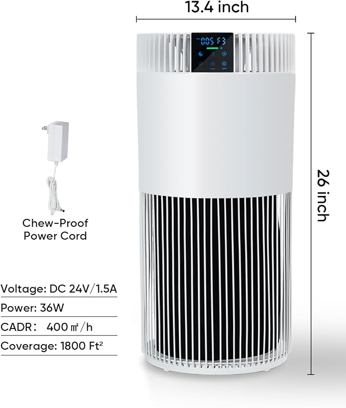 Air Purifier for Home Large Room 2500 Ft² with Washable Filters, Pet Air Purifier for Bedroom with PM2.5 Sensor, 20dB Sleep Mode, 360° Purification,12H Timer,Remove Dust, Odor, Smoke,White