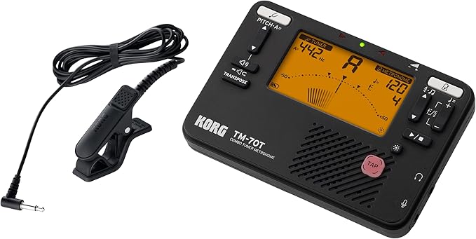 Korg TM-70C Tuner and Metronome w/ Contact Mic, Sound Out Mode, Transpose Mode, and Chromatic Mode - Black