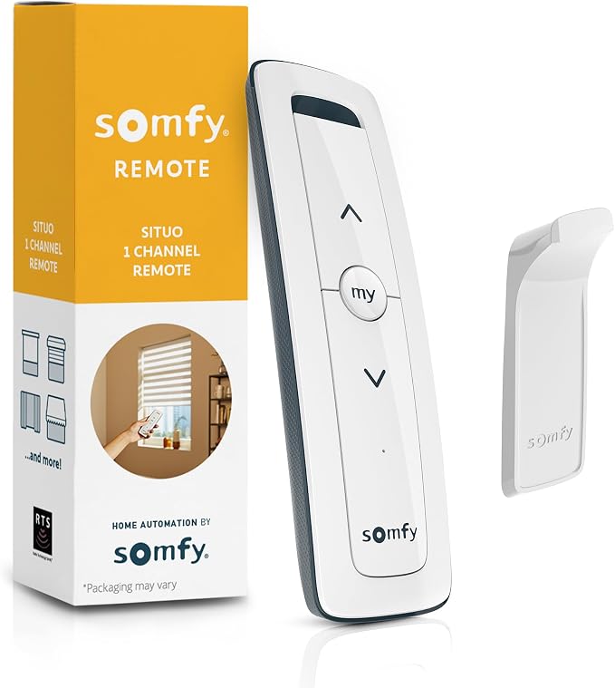 Somfy Remote Situo 1 Pure – 74300 RTS Single Channel Remote Control for 1 Motorized Shade or Group – RTS Only (Not Zigbee/Wi-Fi/Z-Wave) – Includes Wall Holder – Elegant White