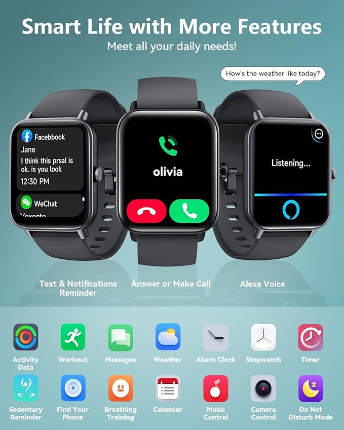Quican Smart Watches for Women/Men, 2 Bands, Compatible for Android iPhone | 1.8" Fitness Tracker Watches, Alexa Built-in, Waterproof /Bluetooth Calling, Heart Rate/Sleep Monitor, Perfect Smart Gift