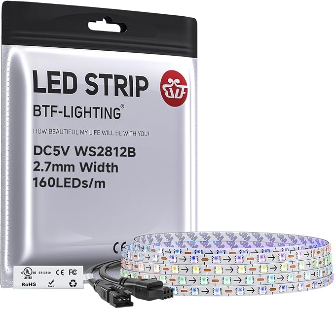 BTF-LIGHTING WS2812B IC RGB 2.7mm Ultra Narrow LED Strip 0807SMD DC5V Individually Addressable 6.4FT 160Pixels/m 320LED Dream Color Tape Light for Home DIY Decoration IP30 (No Adapter or Controller)