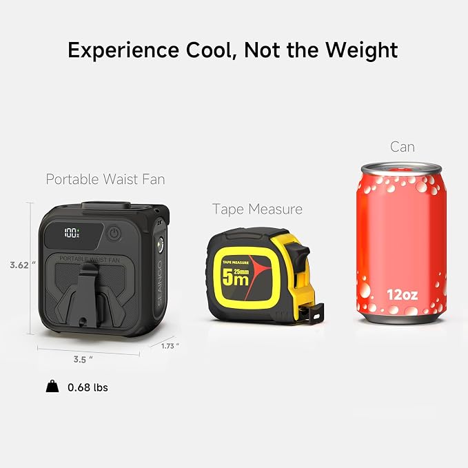 SEAINGO Portable Waist Fan Rechargeable – 10000mAh, 42 ft/s Max, 5 Speeds 16000RPM, Personal Cooling Wearable Clip Body Belt Shirt Fans, Hanging Neck Fan with Light (Red)
