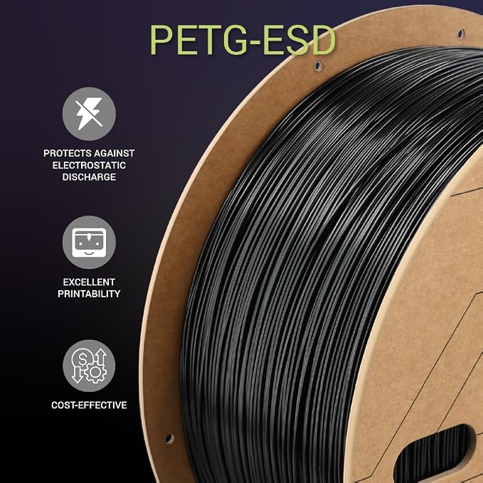 Polymaker Fiberon PETG-ESD Filament 1.75mm Black 3kg – Electrostatic Discharge Safe, Tough PETG 3D Printer Filament for Electronics Industry