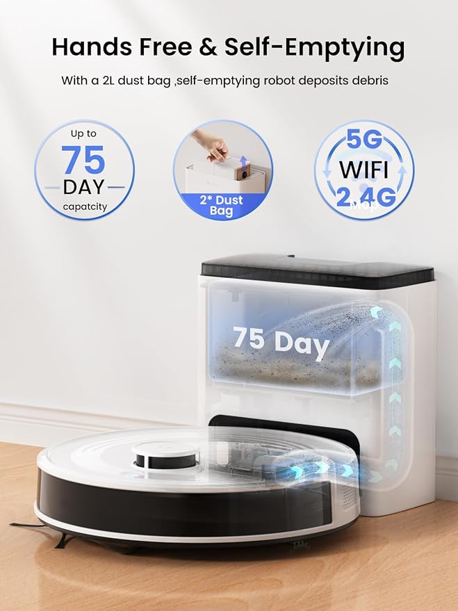 Lefant Robot Vacuum and Mop,75-Day Self-Emptying,6000Pa Powerful Suction,Customized Cleaning,Home Mapping, 140 Min Runtime, Roller Brush for Carpet,2.4G/5G WiFi/Alexa/APP/iWatch,M2 Plus