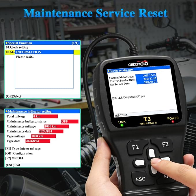 T2 Motorcycle Scanner, OBD2 Motorcycle Scan Tool, Euro 5 3.5'' LCD Motorbike Diagnostic Tool, Code Reader with ECU Scan, Service Reset for Harley Indian Honda Yamaha Kawasaki Suzuki