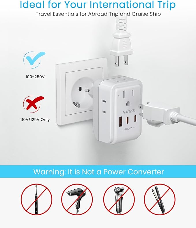 2 Pack European Travel Plug Adapter, VINTAR PD 20W Foldable Type C Adapter with 4 AC Outlets 3 USB Ports(2 USB C), Travel Essentials Charger for US to Most of Europe EU Italy Spain France
