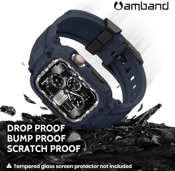 amBand Bands Compatible with Apple Watch 9/8/7 45mm, M1 Sport Series Rugged Case with TPU Strap Military Protective Tough Cover Bumper for iWatch SE3/SE2/SE/6/5/4 44mm Men Navy Blue