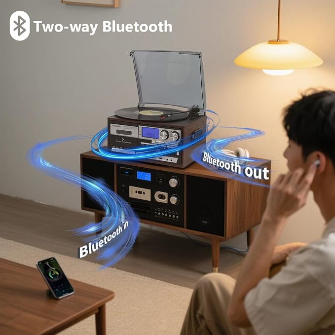 All in One Vintage 3 Speed Vinyl Record Player with Built-in Speakers,Bluetooth in/Out Turntable,CD Player/Cassette/USB/TF Card,AUX in,FM/AM Radio,RCA Out,Recording