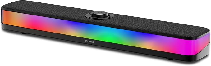PHILIPS PC Sound Bar, Computer Speakers for Desktop, Bluetooth 5.4 Soundbar with Built-in Microphone, Clear Audio, RGB Lights with Volume Knob, USB Playback, for Laptop, Monitor, Gaming Setup