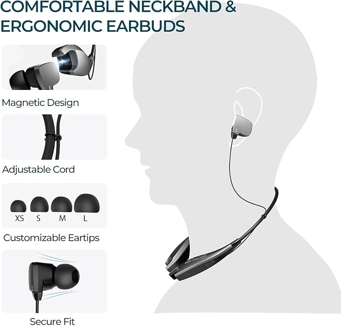 Redzoo Neckband Headphones, Around The Neck Bluetooth Headphones w/Noise Cancelling Microphone, Bluetooth Headset w/ 22hrs Playtime, Neck Earphones Stereo Bass, for Music, Conference, Video, Call