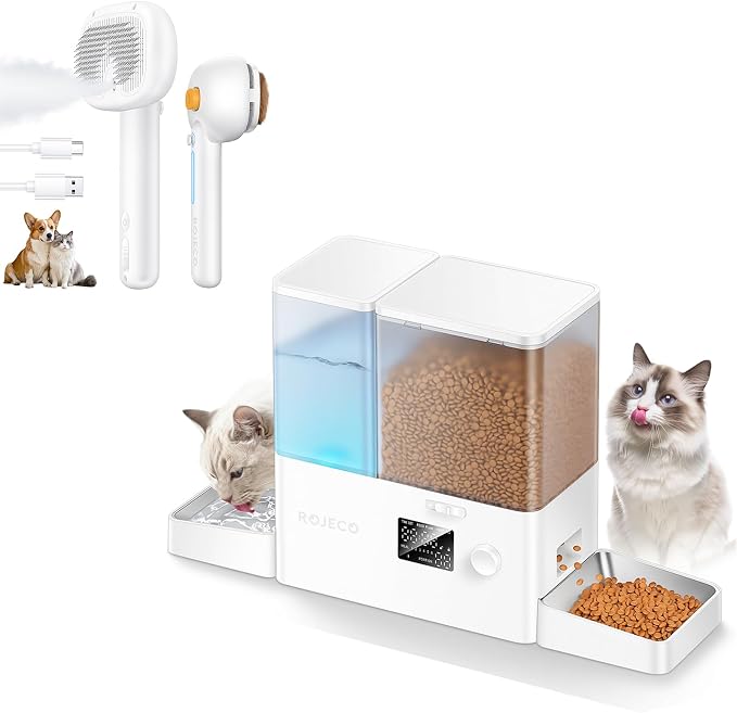 Rojeco 2in1 8.5L Automatic Pet Feeder and Water Dispenser and 3-in-1 Cat Steam Brush