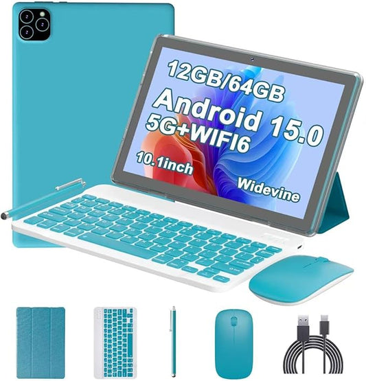 Android 15 Tablet 10 Inch, 12(3+9)GB RAM+64GB ROM, 2 in 1 Tablets with Keyboard Case Mouse Stylus, 1.8GHz Five-core Processor, 1280 * 800 IPS HD Screen, 5G WiFi6 BT 5.3 Tableta PC (Dark blue)